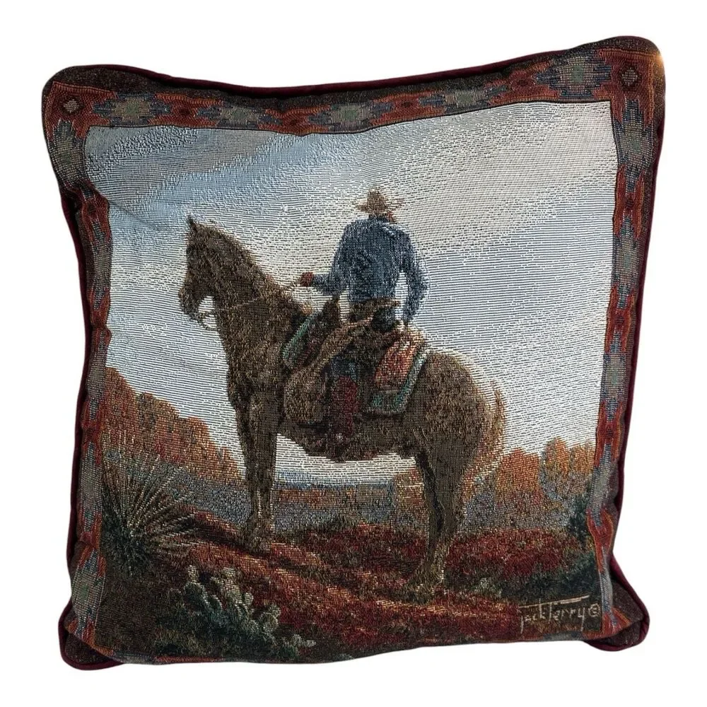 VTG SET Of 2 JACK TERRY WESTERN COWBOY ON HORSE TAPESTRY THROW PILLOWS 16x16